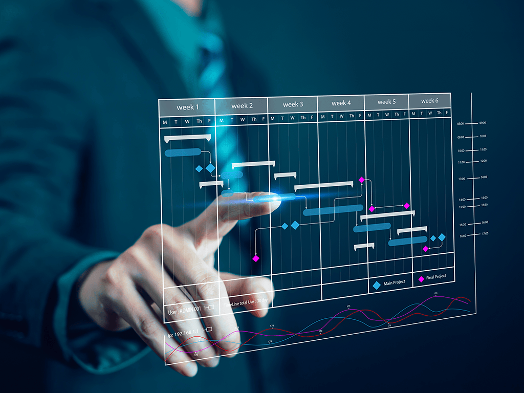 Person touching touch screen interface with schedule; © iStock 2238671084