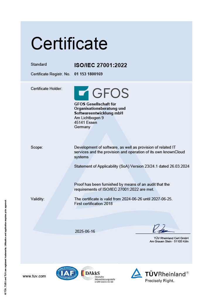 Certificate issued to GFOS for the ISO/IEC 27001:2022 audit standard