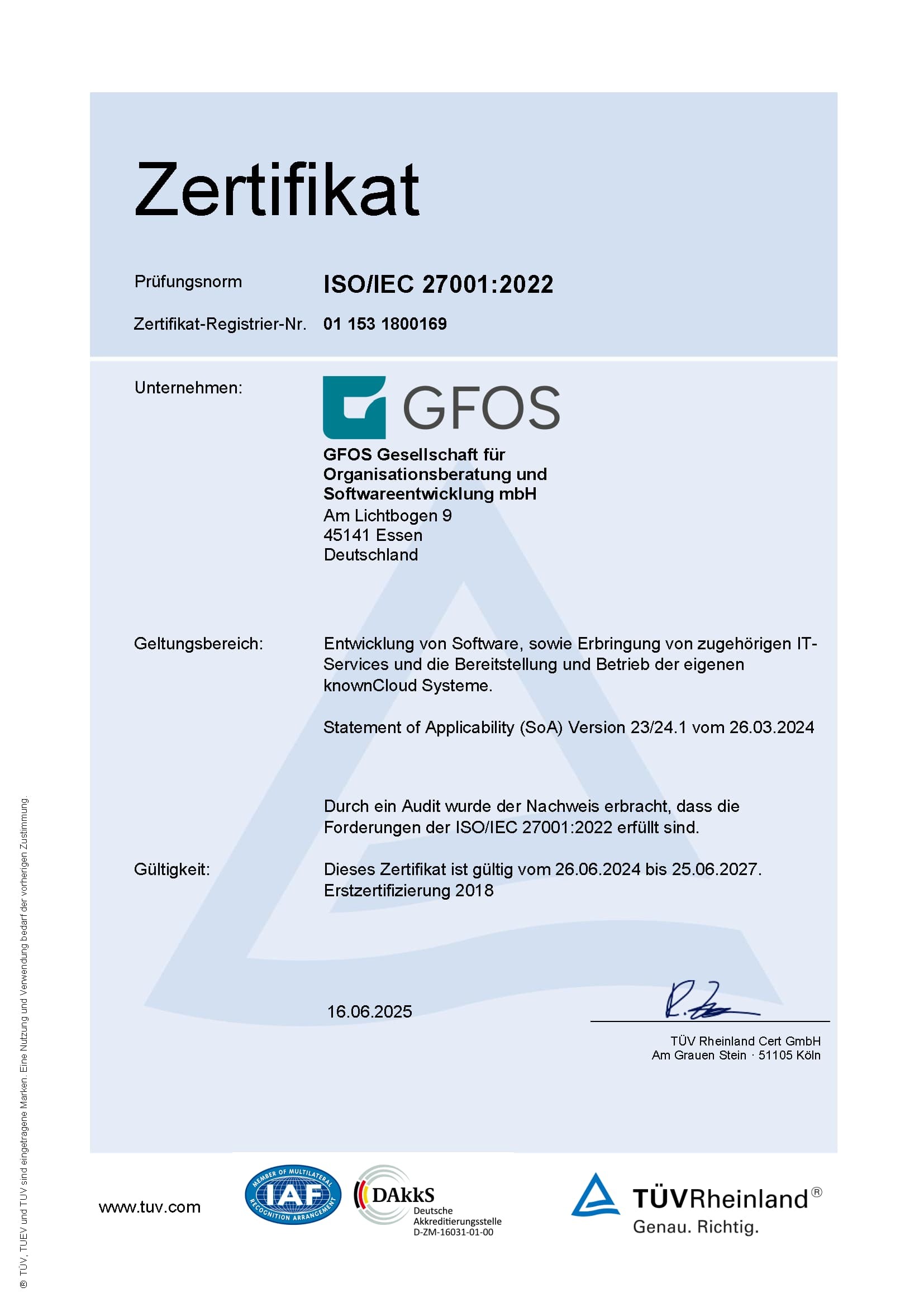 Auf GFOS ausgestelltes Zertifikat der Prüfungsnorm ISO/IEC 27001:2022