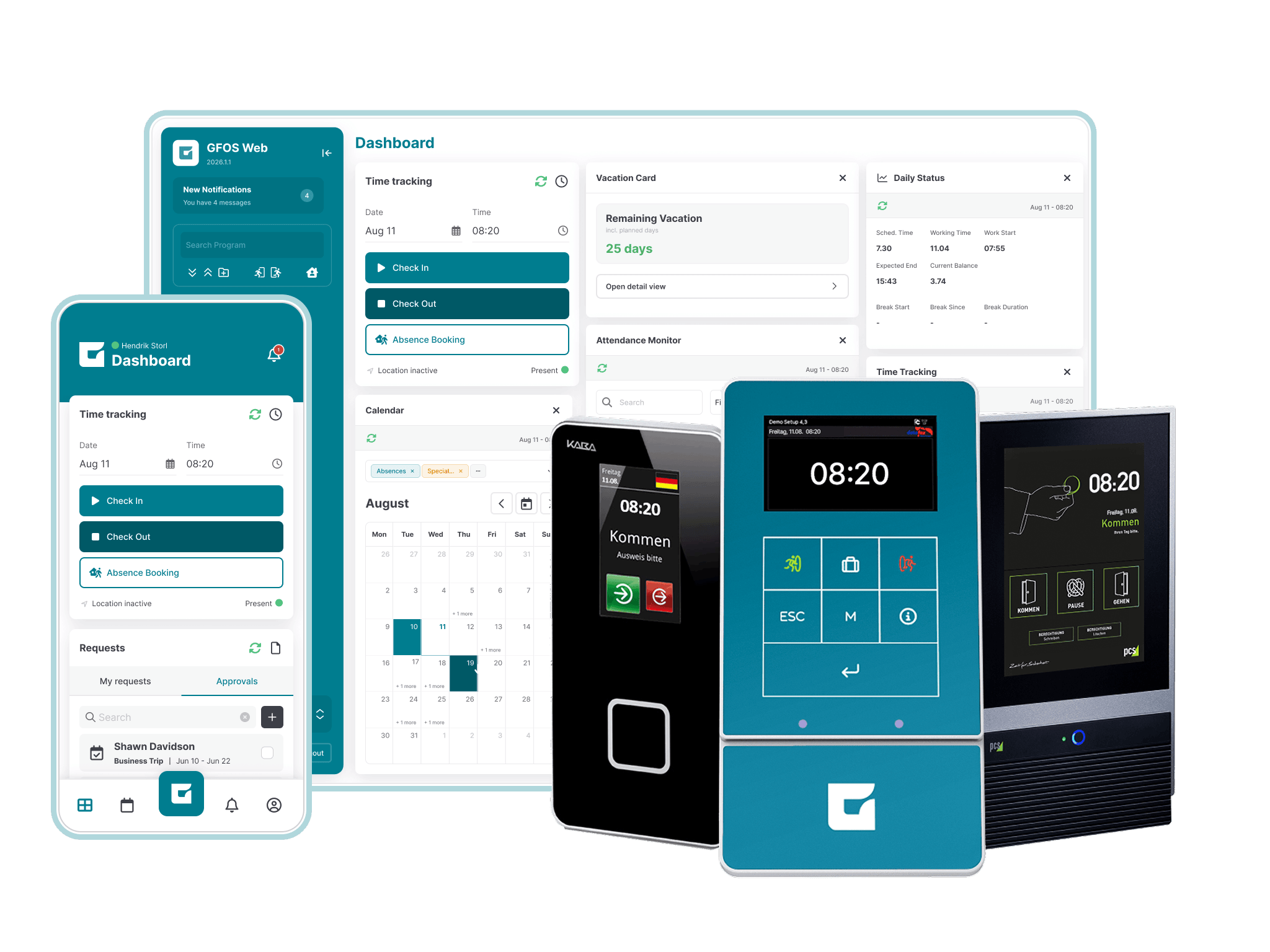 Track working hours using just the right solution with GFOS: App, terminal, web app and more.