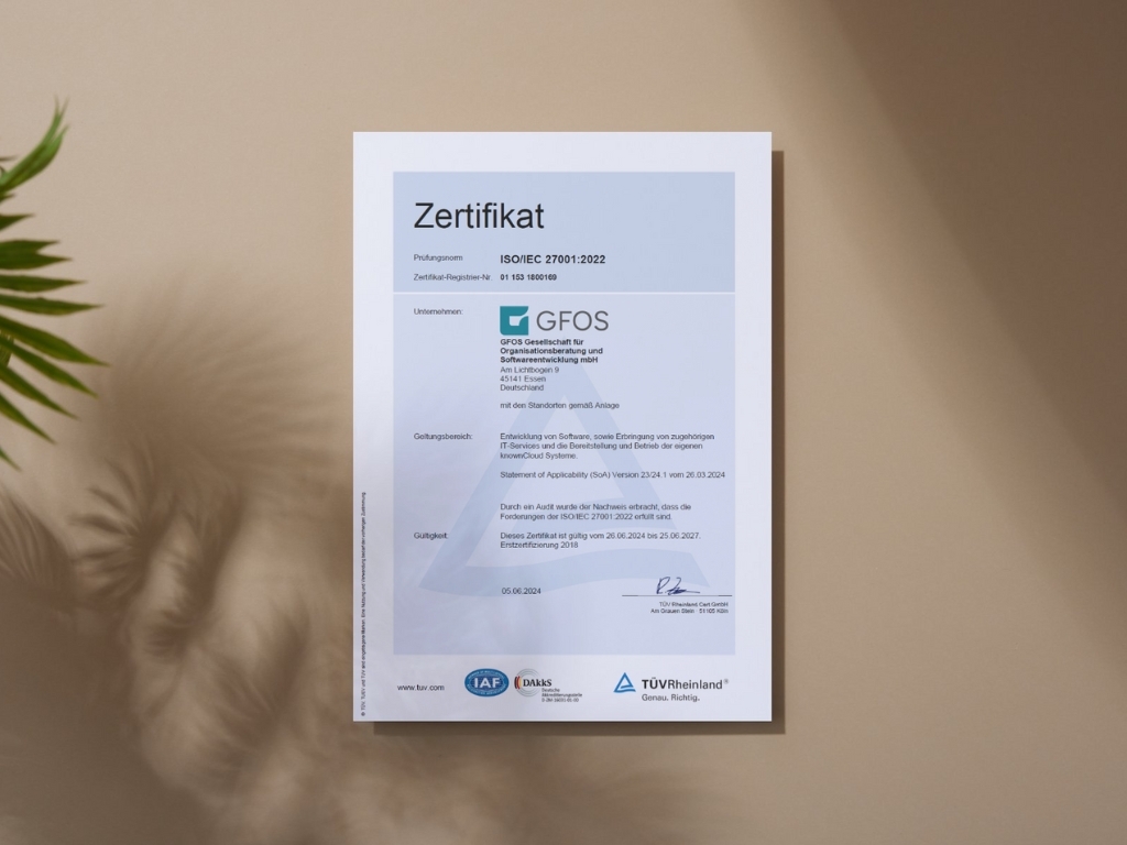 GFOS ist ISO-27001-zertifiziert und steht für höchste Sicherheitsstandards.