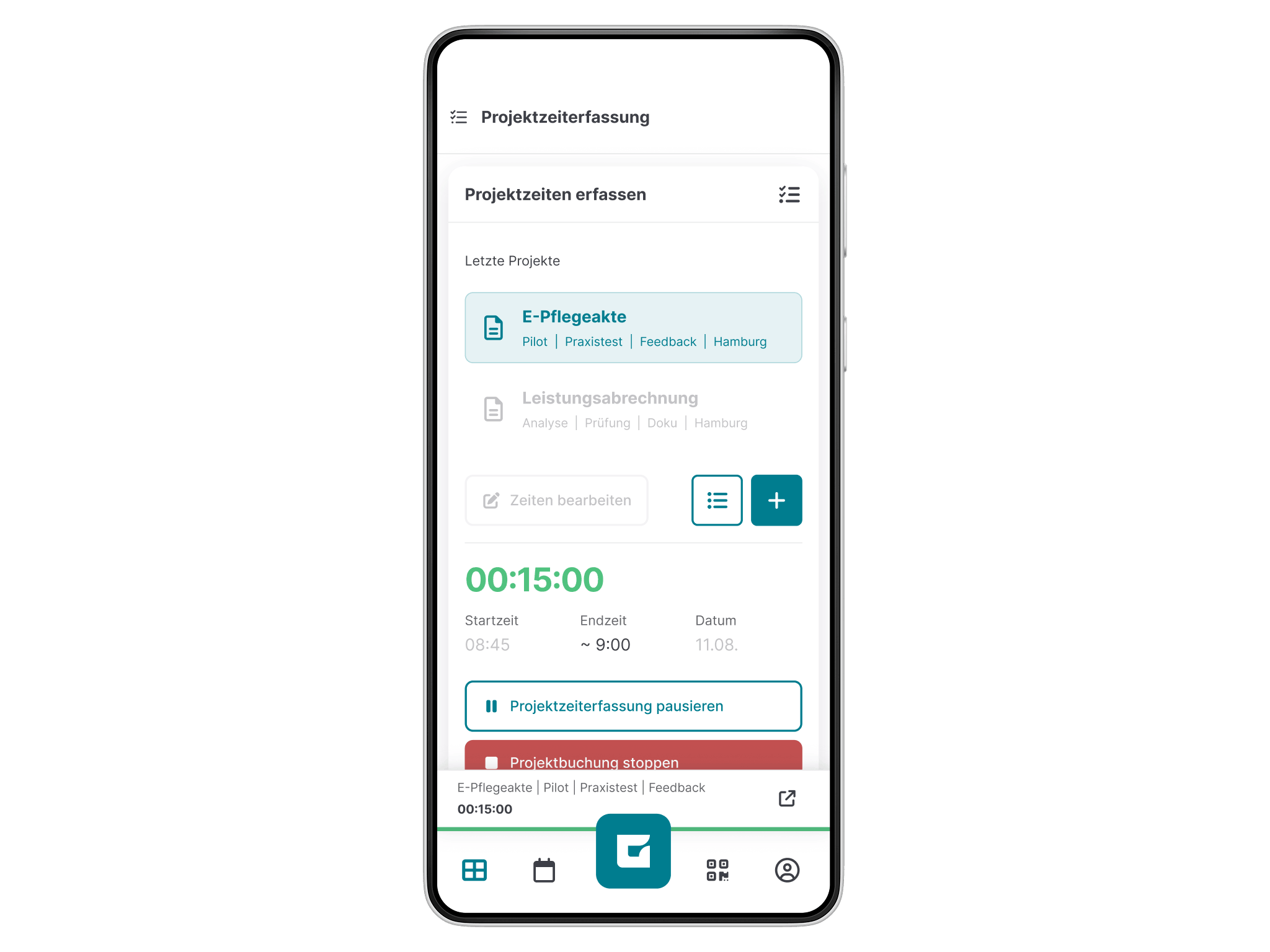 Ansicht der Projektzeiterfassung in der GFOS App