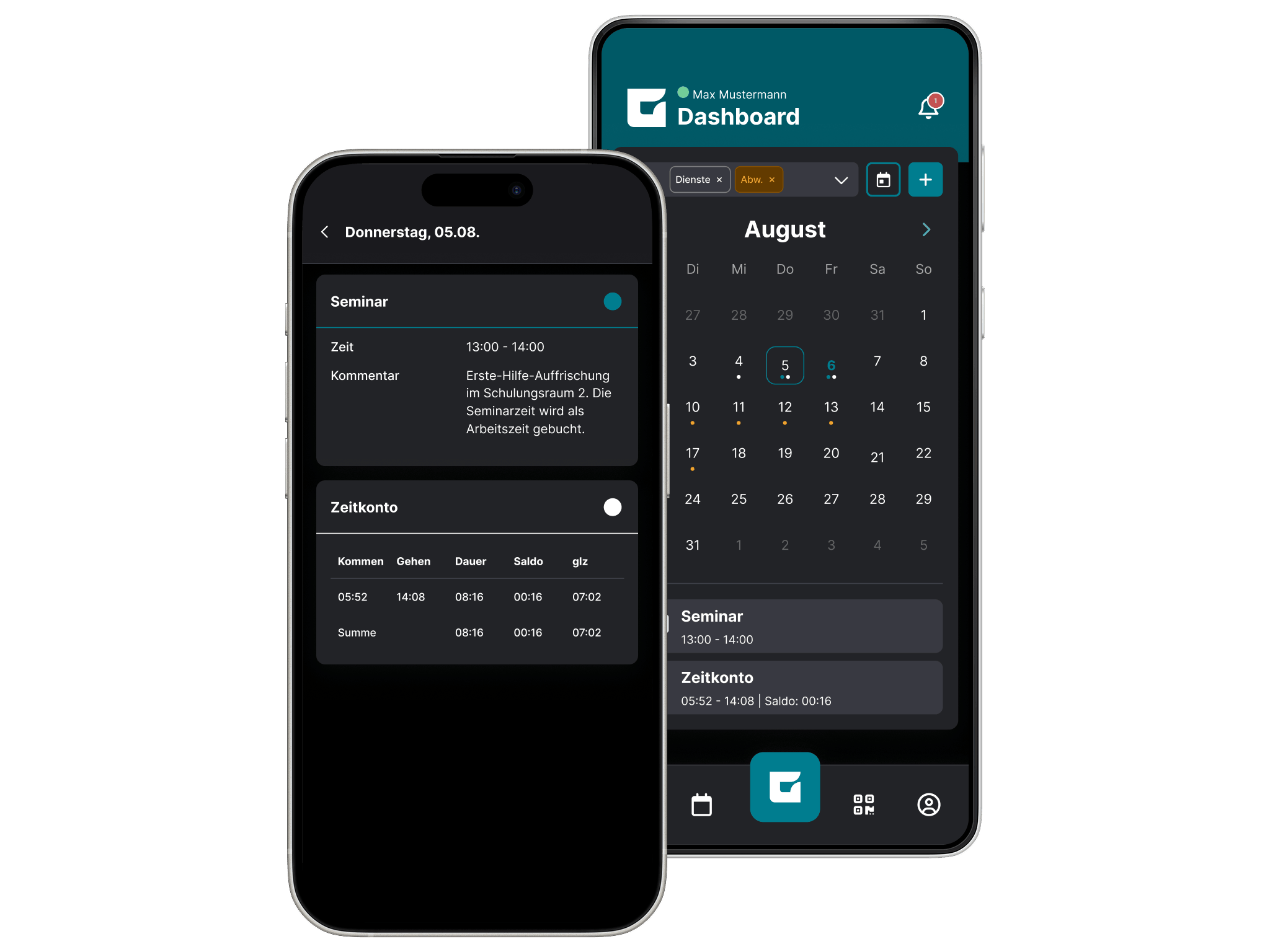 Ansicht der Zeitkonten- und Kalenderfunktionen in der GFOS App zur Arbeitszeiterfassung