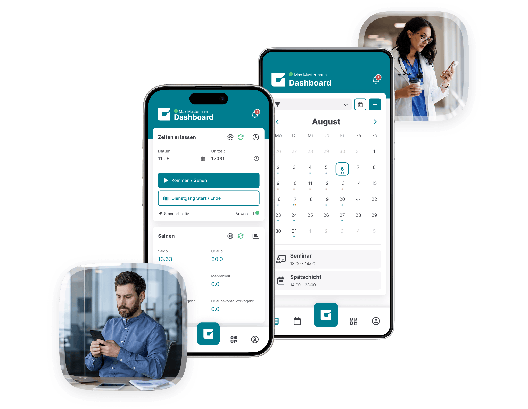 Ansichten aus der GFOS App zur mobilen Arbeitszeiterfassung und mehr